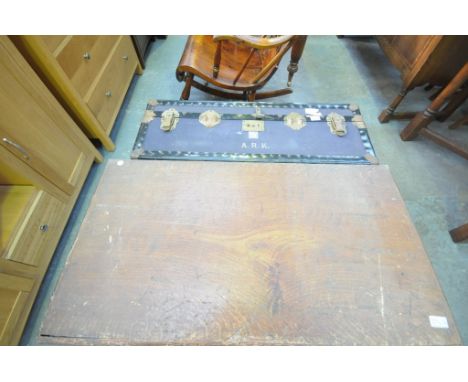 A Victorian scumbled pine blanket chest with iron side handles and a vintage travel trunk. (2)