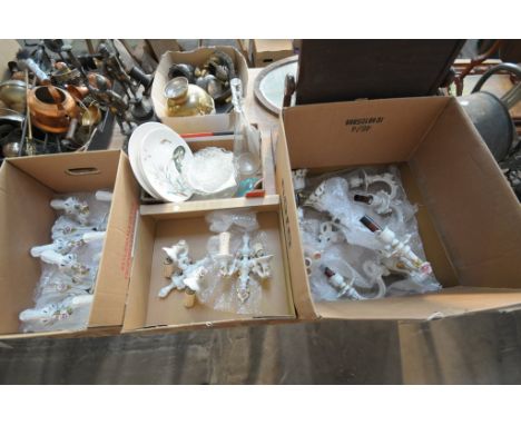 A Collection of Italian ceramic flower encrusted 2 branch wall light fittings , a 5 branch ceiling light fitting, glass decan
