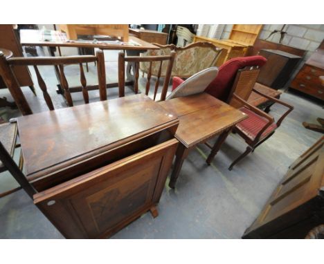 A Cane back elbow chair, oak occasional table, oak drop leaf table and firescreen. ( 4)
