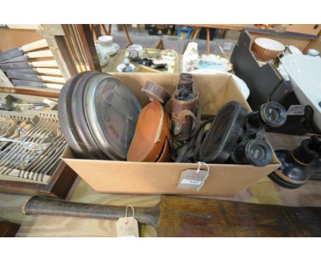 An Oak cased wheel barometer with a silvered dial, cased Carl Zeiss Jena Telex binoculars , 2 other cased pairs of binoculars
