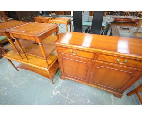 A Reproduction yew wood coffee table and a pair of matching lamp tables. (3)