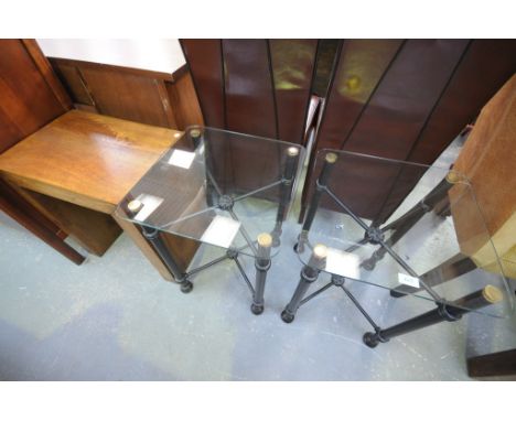 A Pair of painted tubular metal and glass top lamp tables and a contemporary hardwood lamp table. (3)