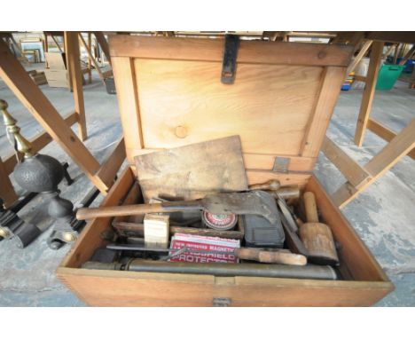 A Collection of old woodworking tools and effects to a pine box including a brass spray, various spirit levels, etc.