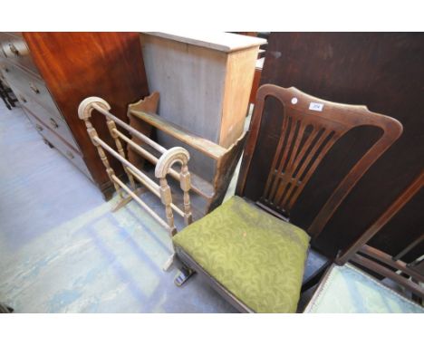 A Rustic oak hanging wall shelf, a pine towel rail and a 19th century mahogany rocking chair with a pierced splat back. (3)