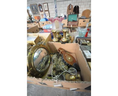 A Qty of brass ware including a collection of horse brasses, a Victorian brass oil lamp with a cranberry  and frosted glass s