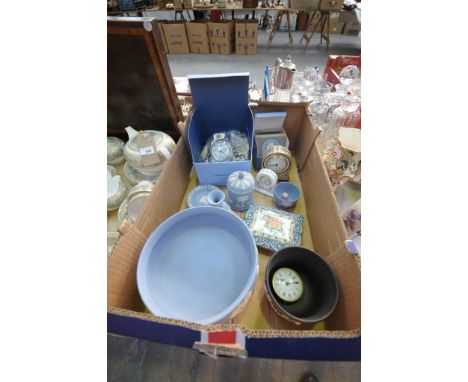 A Wedgwood blue jasperware footed fruit bowl, other jasperware items, a Wedgwood " Cornucopia " mantel clock ( boxed as new )