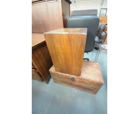 A Rustic hardwood hinged box and a hardwood lamp pedestal. (2)
