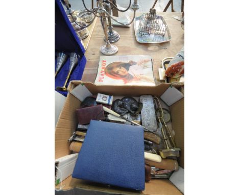 A Box of collectable items, pen knives, white metal pocket watch , balance scales, etc and a collection of Playboy and other 