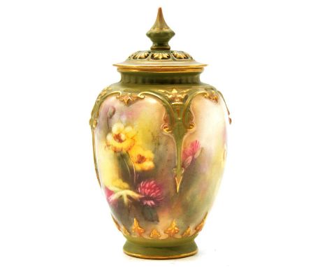 Hadley's Worcester hand painted vase and cover, reticulated cover, the body painted with floral panels, unsigned, Hadley's ma