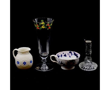 Box of assorted blue and white pottery and glass wares including pair of modern epergne style vases, hurricane lamp on square