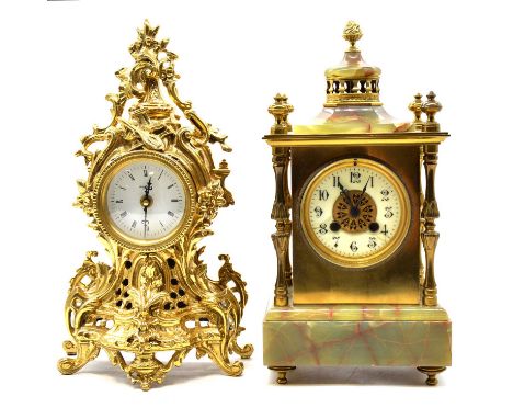 Onyx and brass mantel clock, replaced quartz movement, 36cm, and another cast brass mantel clock with Quartz movement, 36cm.Q
