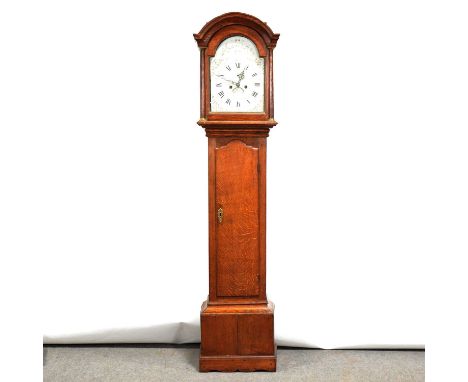 Georgian oak longcase 8-day clock, signed Francis Mee, Higham Ferers, arched painted dial with Roman and Arabic numerals, gil