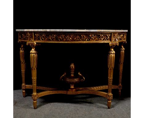 Pair of reproduction gilt and marble console tables, demi-lune marble tops, with pierced and carved foliate frieze, tapering 