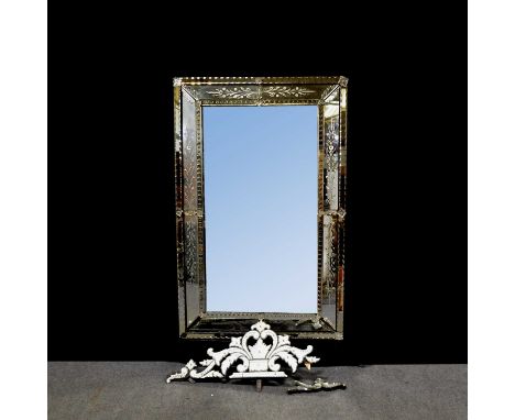Venetian wall mirror, scrolled pediment, rectangular glass, engraved side panels, 190x99cm.Condition report:Yes it certainly 