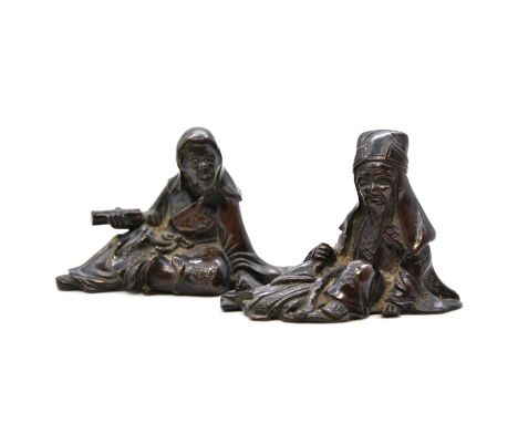Chinese bronze figure, seated man holding a scroll, 9cm, and a similar figure, 8cm.Qty: 2