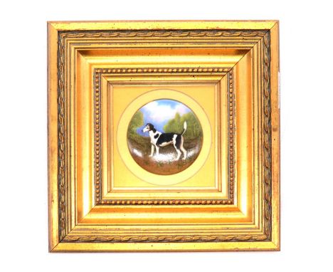 Leighton Mayberry for Royal Worcester - a porcelain plaque of a hound, 8cm diameter, gilt mounted and framed.Condition report