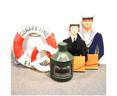 Naval ephemera, including a ships Starboard lamp, Cunard LIne ring and one other, Monistry of Transport life jacket, teak buc
