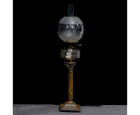 Victorian brass oil lamp with Corinthian column, facet-cut glass reservoir, stepped square foot, height including chimney 75c