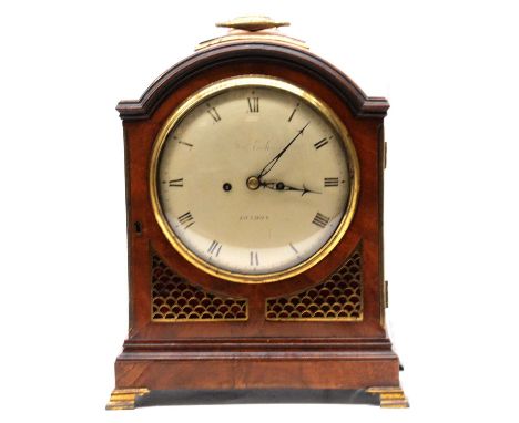 George III mahogany bracket clock, domed case with brass mounts, pierced vrilles, circular painted dial signed George Edlin, 