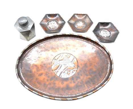 Tudric pewter tea caddy, hexagonal form; and an Arts &amp; Crafts oval dish by Hugh Wallis, mixed metal inlay with fish panel