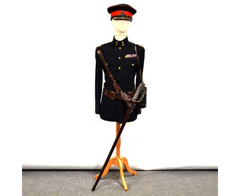 Royal Artillery No 1 tunic, cap, leather Sam Browne belt, Royal Artillery sword in leather covered scabbard, water bottle, on