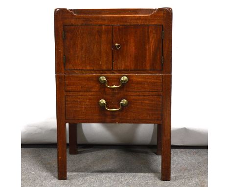 George III mahogany night cupboard, galleried top, fitted with two doors over commode drawer, two dummy fascias, width 56cm, 
