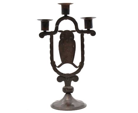 A Goberg ( Hugo Berger), Viennese secessionist wrought iron three light owl candelabra, marked under base, 34cm.Condition rep