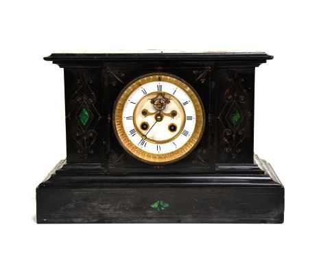 Victorian slate and malachite cased mantle clock, scrolled engraved outlines with gilt detailing, Malachite lonzenges, French
