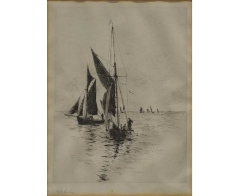 William Lionel Wyllie, Fishing boats off shore, signed, etching, 21 x 16cm; three etchings of Eton by William Monk and an eng