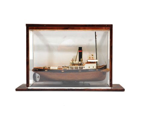Hand built scale model tug boat, "Sanson", in a glazed case, 52x85cm.