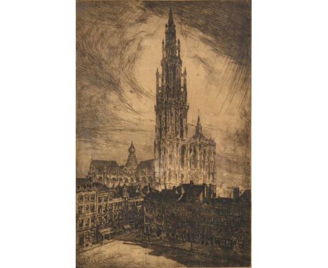 Etching of the Cathedral of Antwerp, indistinctly signed, 46x30cm; and other watercolours, prints, including a study of two P