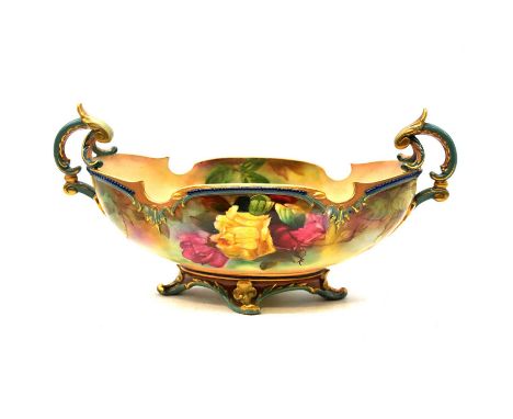 Hadley Worcester centre bowl painted with Roses by R Austin, signed, maker's mark, restored, width 31cm.