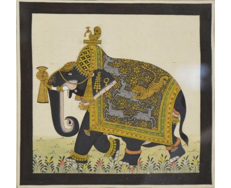 An Indian silk painting of an elephant facing left, tiger hunting deer scene to cover, peacock head-ornament, 18x19cm.