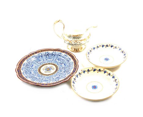 Worcester Royal Lily plate, 19.5cm diameter; a Grainger Worcester seaweed pattern milk jug; and pair of porcelain saucersQty: