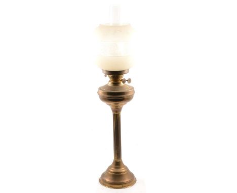 Brass oil lamp, etched glass shade, 71cm.