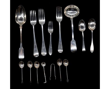 Silver cutlery, various, including three Georgian silver dessert forks, marks worn, silver table spoon, ladle, other small si