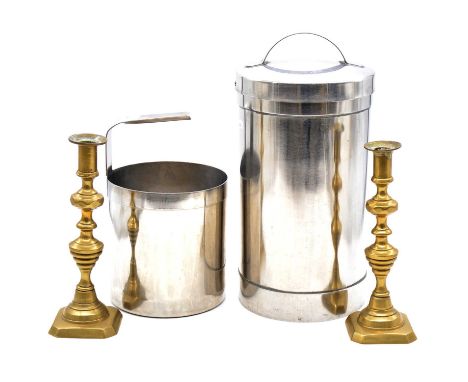 Vipan &amp; Headly of Leicester dairy metalware, a Gallon pail, a lidded icecream container with bayonet cover, 42cm; a pair 