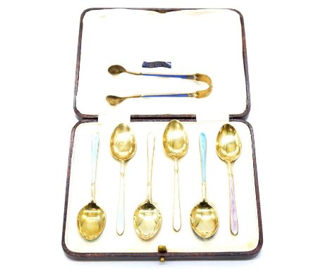 A set of six silver and enamelled teaspoons, William Suckling Ltd, Birmingham 1929, enamelled handles and bowl backs, silver-