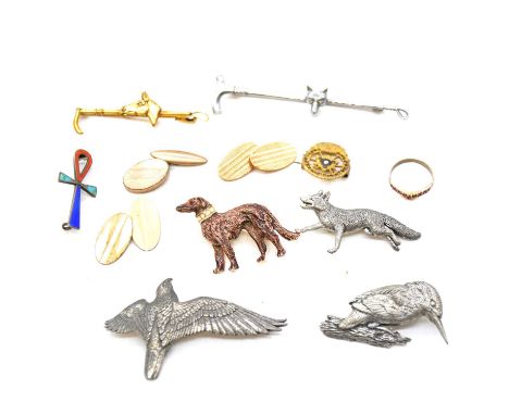 Cufflinks, brooches and pins, including a rolled gold riding crop pin,metal animal and bird brooches, metal cufflinks, chains