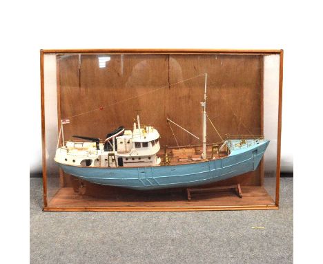 Handbuilt wooden scale model trawler, in a perspex glazed case, 57x85cm.
