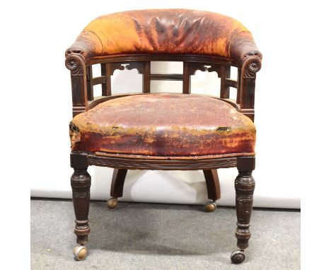 Victorian mahogany framed leather tub chair, curved padded back, carved ends, padded seat, turned and ringed supports raised 