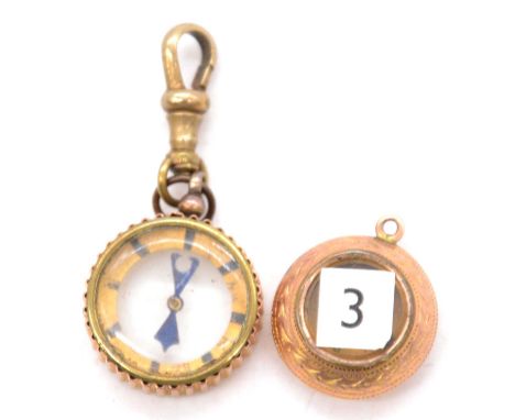 Two 9ct gold miniature compass', one in an engraved case, the other with metal clasp.Qty: 2
