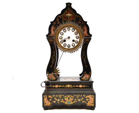 French mantle clock, portico type case with hard stone and brass inlay, enamelled dial (cracked) signed Nuens a Paris, cylind