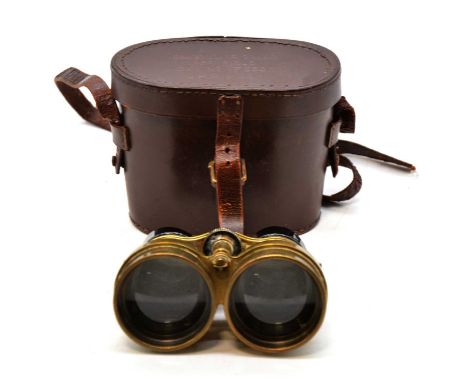 Pair of WWII brass pilots(?) binoculars, broad arrow and numbered 1454 6E/338, in a leather case stamped "Binocular 2.5x50, 1