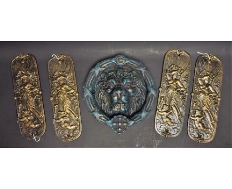 A cast metal lion head door knocker; four cast metal finger plates, with classical maidens and putti (5)