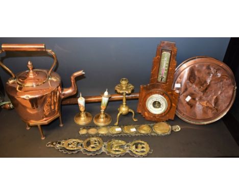 A Victorian copper bed warmer; a copper kettle; a 1930's oak wall barometer; brass ware including candlesticks, horse brasses
