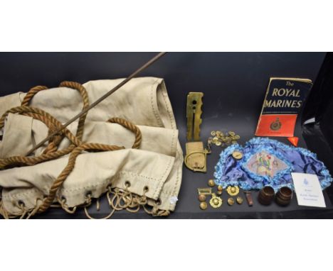 The Royal Marines - WWII cap insignias, buttons, badges, hammock, 1944 issue booklet, compass; etc.; Edwin (Ted) Milner, Colo