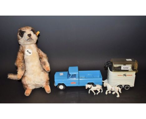 Toys and Juvenalia - a Steiff plush toy of a meerkat, Mungo, 30cm high; a Tonka Jeep and horse trailer with horses