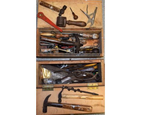 Tools - 19th century and later, including claw hammers, pliers, tongs, files, rasps, etc; two wooden boxes