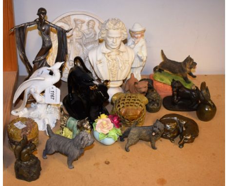 A Royal Albert ceramic Beatrix Potter John Joiner model; a Victorian Jackfield type cow creamer; wildlife models including He